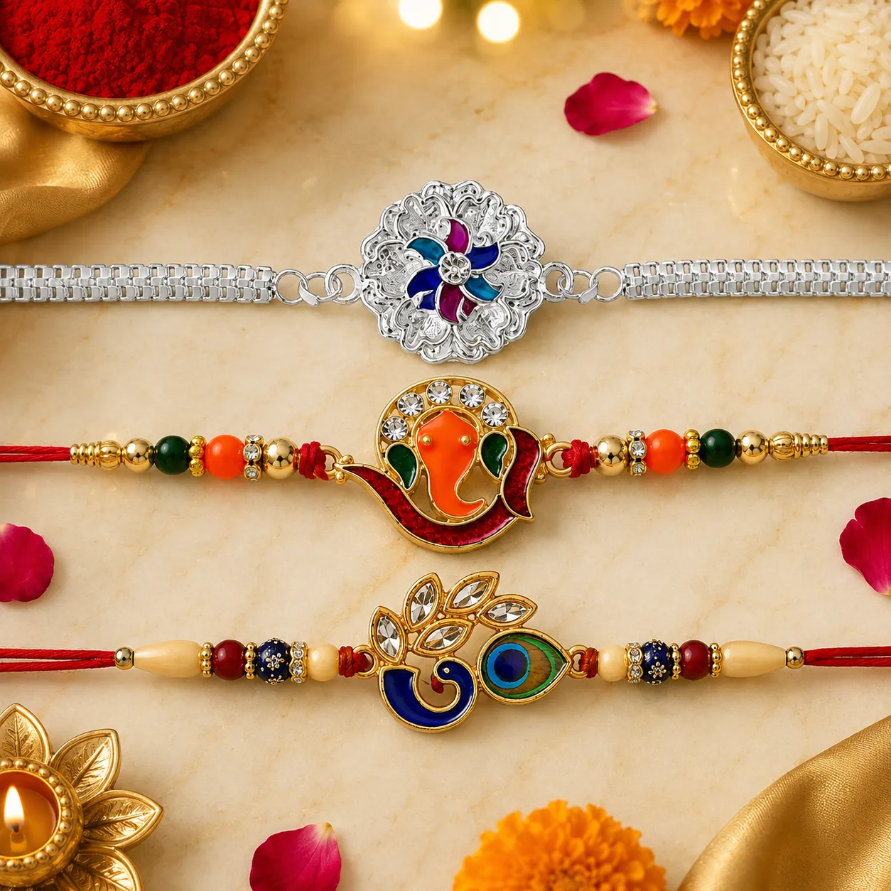 Premium Silver Floral Enamel, Golden Ganesha & Mor Pankh Design Rakhi for Brother (3 Pc) - Buy Online at Alikart