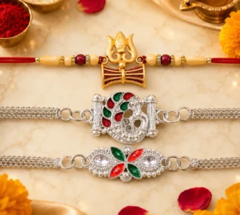 Shiva Trishul, Silver Red-Green Enamel & Floral Chain Rakhi for Brother (3 Pc Set)