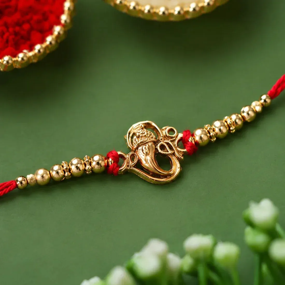 Mor Pankh Feather, Golden Swirl Peacock & Premium Ganesha Rakhi for Brother (3 Pc) - Detailed Feature View 1