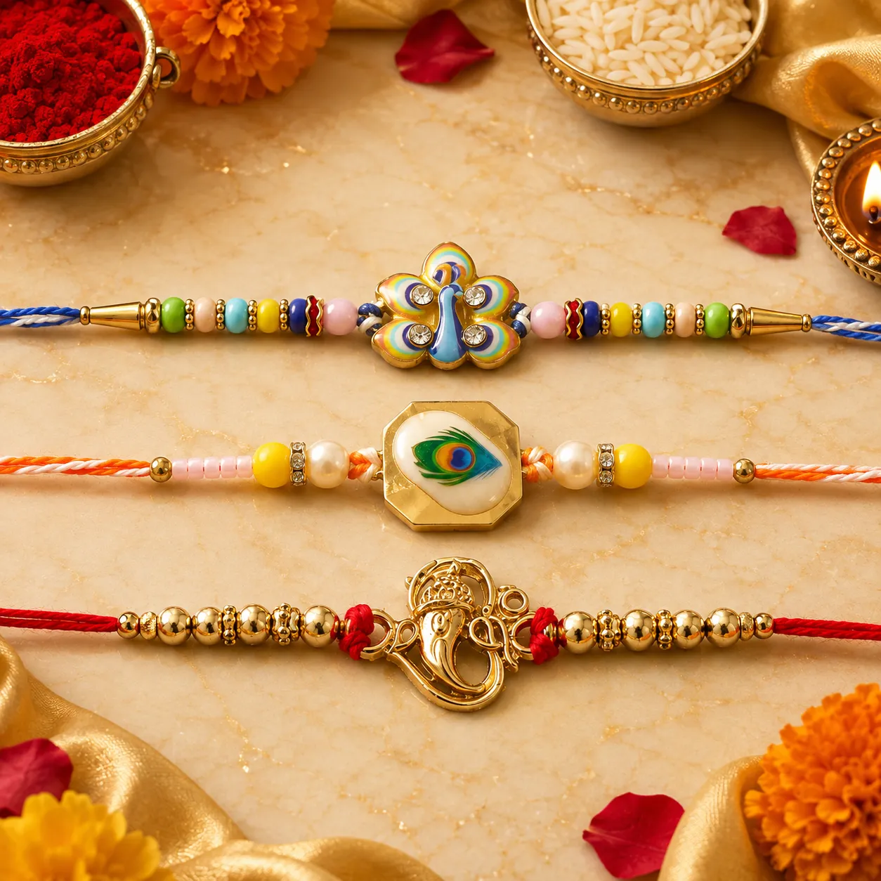 Premium Mor Pankh Feather, Golden Swirl Peacock & Premium Ganesha Rakhi for Brother (3 Pc) - Buy Online at Alikart