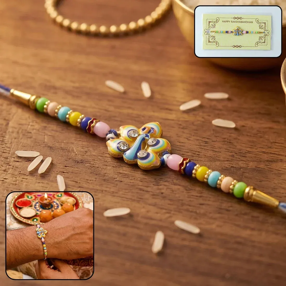 Mor Pankh Feather, Golden Swirl Peacock & Premium Ganesha Rakhi for Brother (3 Pc) - Detailed Feature View 3
