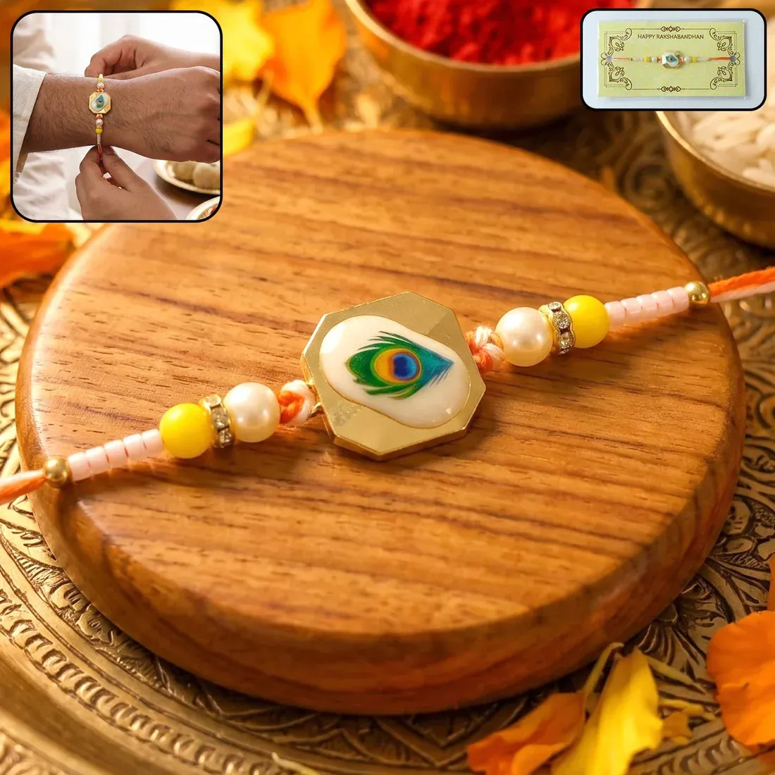 Mor Pankh Feather, Golden Swirl Peacock & Premium Ganesha Rakhi for Brother (3 Pc) - Detailed Feature View 2