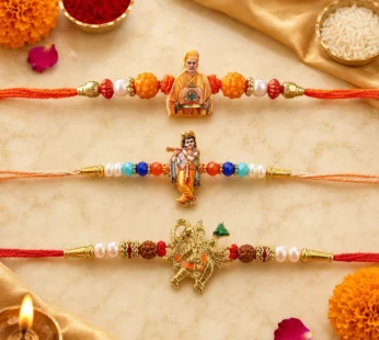 Hanuman Dronagiri, Pramukh Swami & Krishna Flute Idol Rakhi for Brother (3 Pc Set)