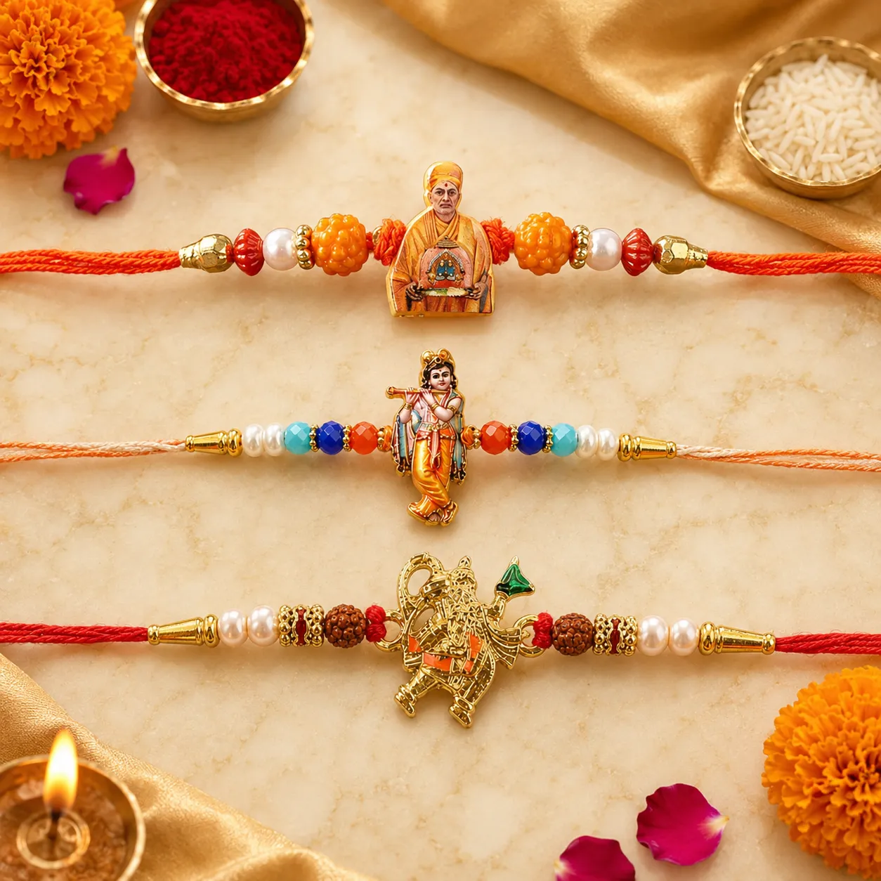 Premium Hanuman Dronagiri, Pramukh Swami & Krishna Flute Idol Rakhi for Brother (3 Pc Set) - Buy Online at Alikart