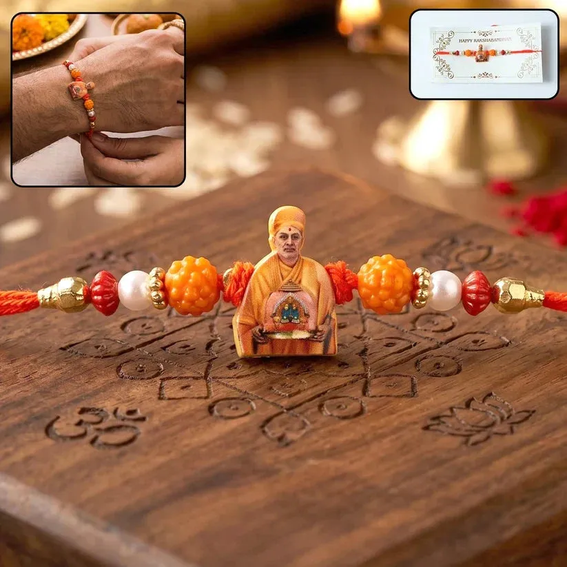 Hanuman Dronagiri, Pramukh Swami & Krishna Flute Idol Rakhi for Brother (3 Pc Set) - Detailed Feature View 3