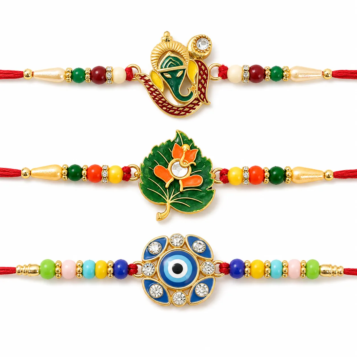 Green Tulsi Leaf, Evil Eye Floral Petal & Ganpati Design Rakhi for Brother (3 Pc) - Detailed Feature View 4