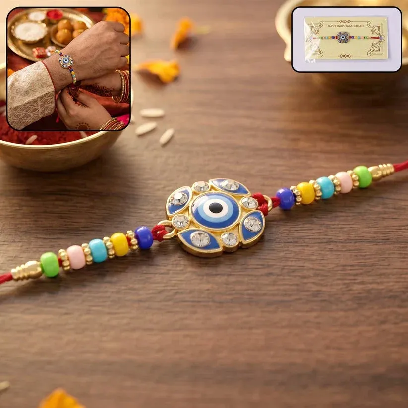 Green Tulsi Leaf, Evil Eye Floral Petal & Ganpati Design Rakhi for Brother (3 Pc) - Detailed Feature View 1