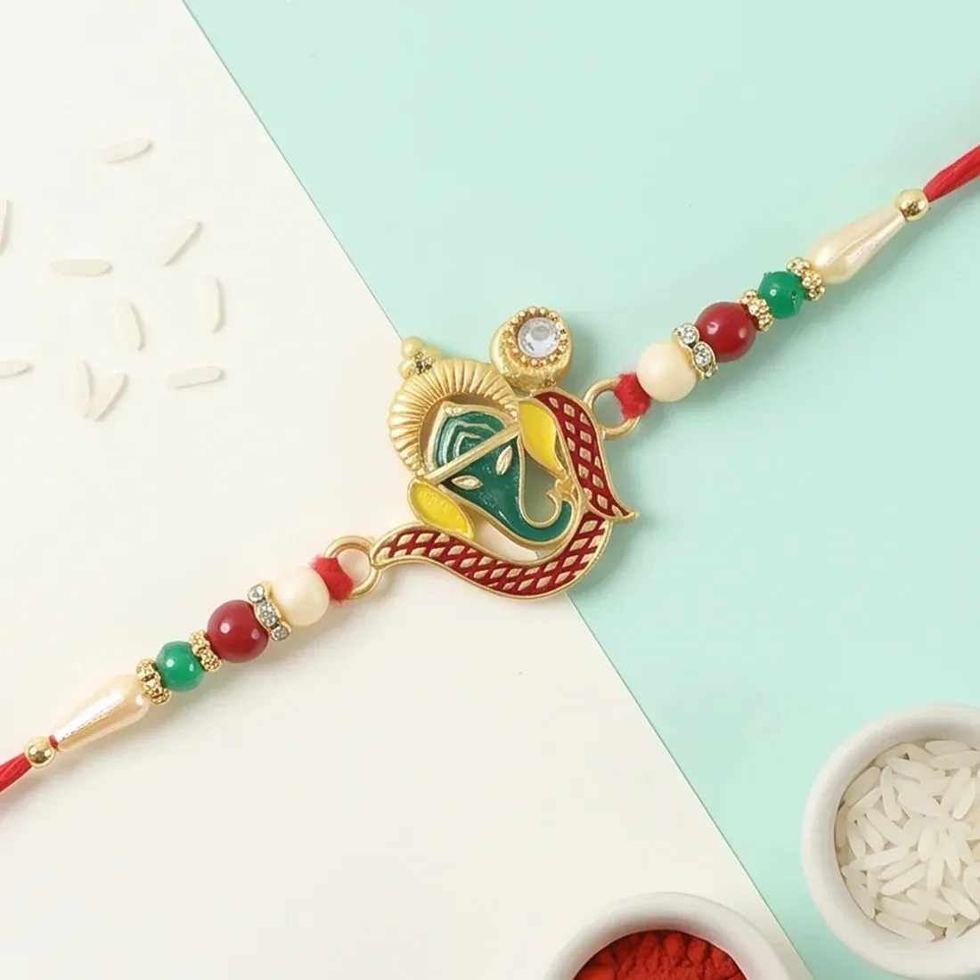 Green Tulsi Leaf, Evil Eye Floral Petal & Ganpati Design Rakhi for Brother (3 Pc) - Detailed Feature View 2