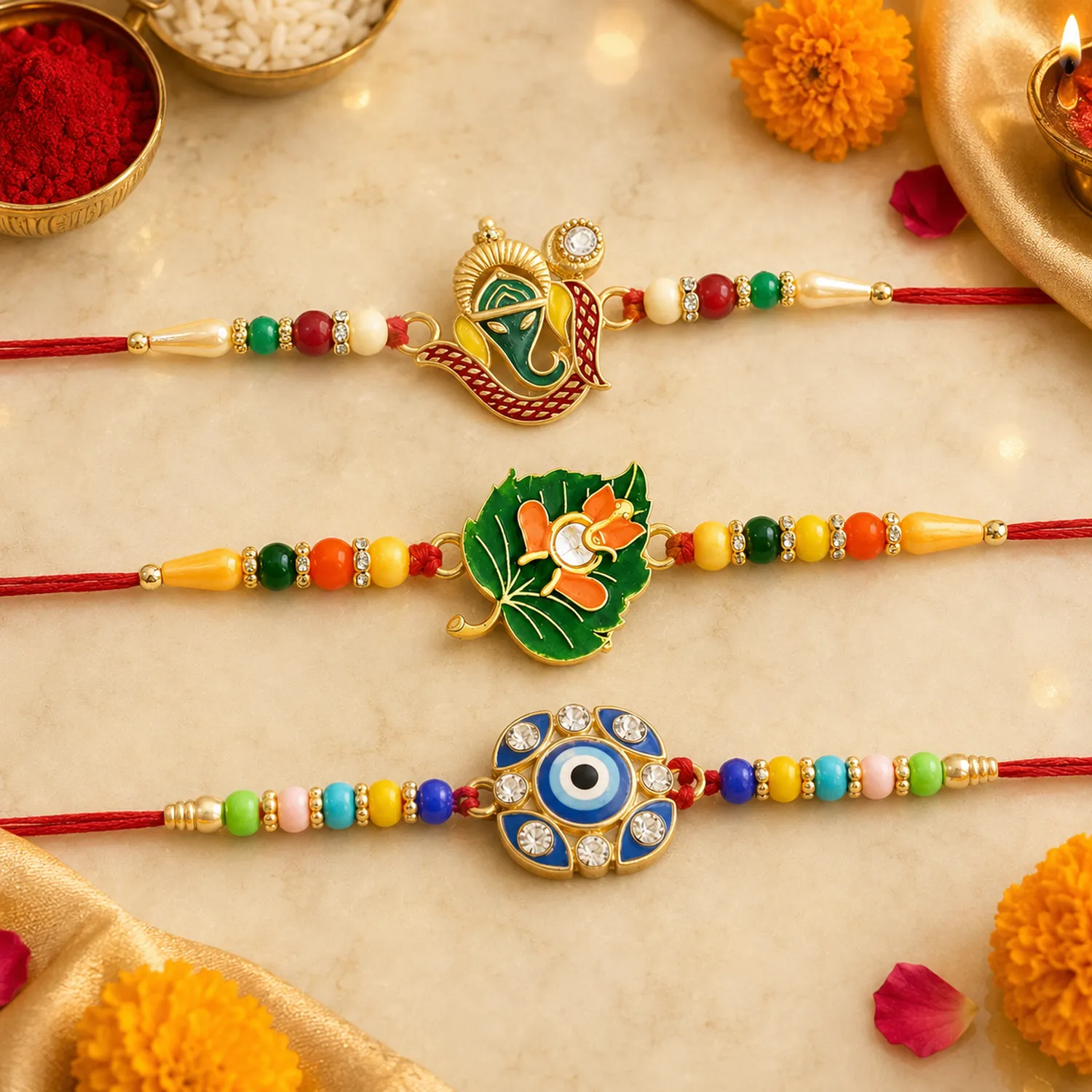 Premium Green Tulsi Leaf, Evil Eye Floral Petal & Ganpati Design Rakhi for Brother (3 Pc) - Buy Online at Alikart