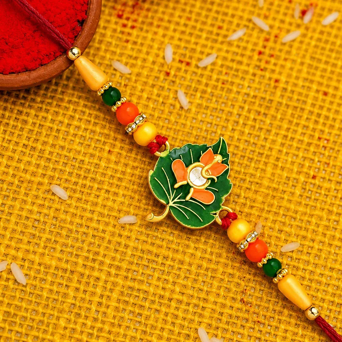 Green Tulsi Leaf, Evil Eye Floral Petal & Ganpati Design Rakhi for Brother (3 Pc) - Detailed Feature View 3