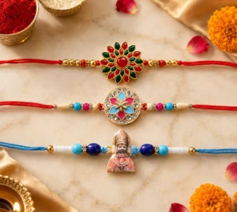 Khatu Shyam Ji, Pink-Blue Floral Enamel & Red Green Stone Rakhi for Brother (3 Pc)