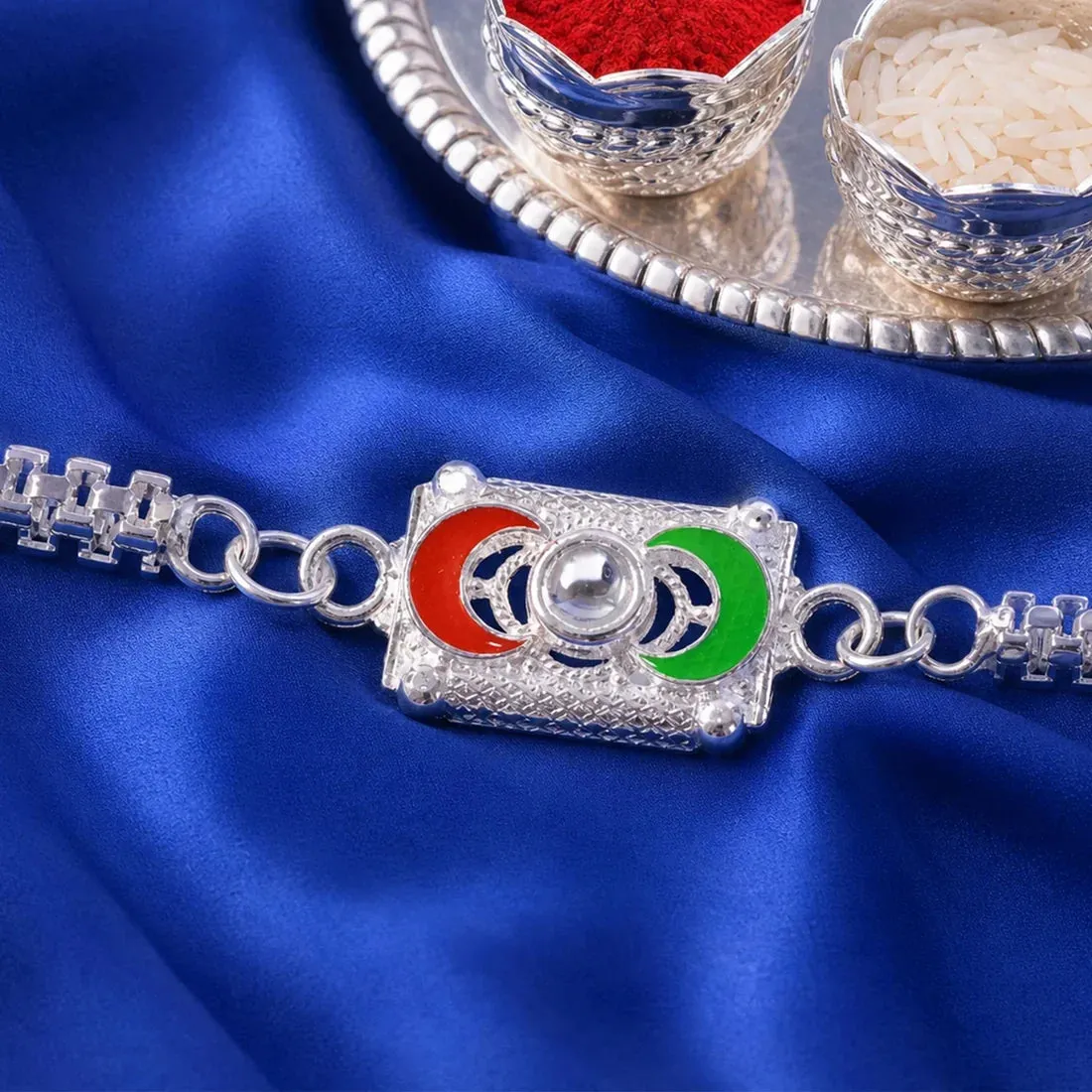 Geometric Ring, Lord Krishna Photo & Colorful Flower Rakhi for Brother (3 Pc Set) - Detailed Feature View 1