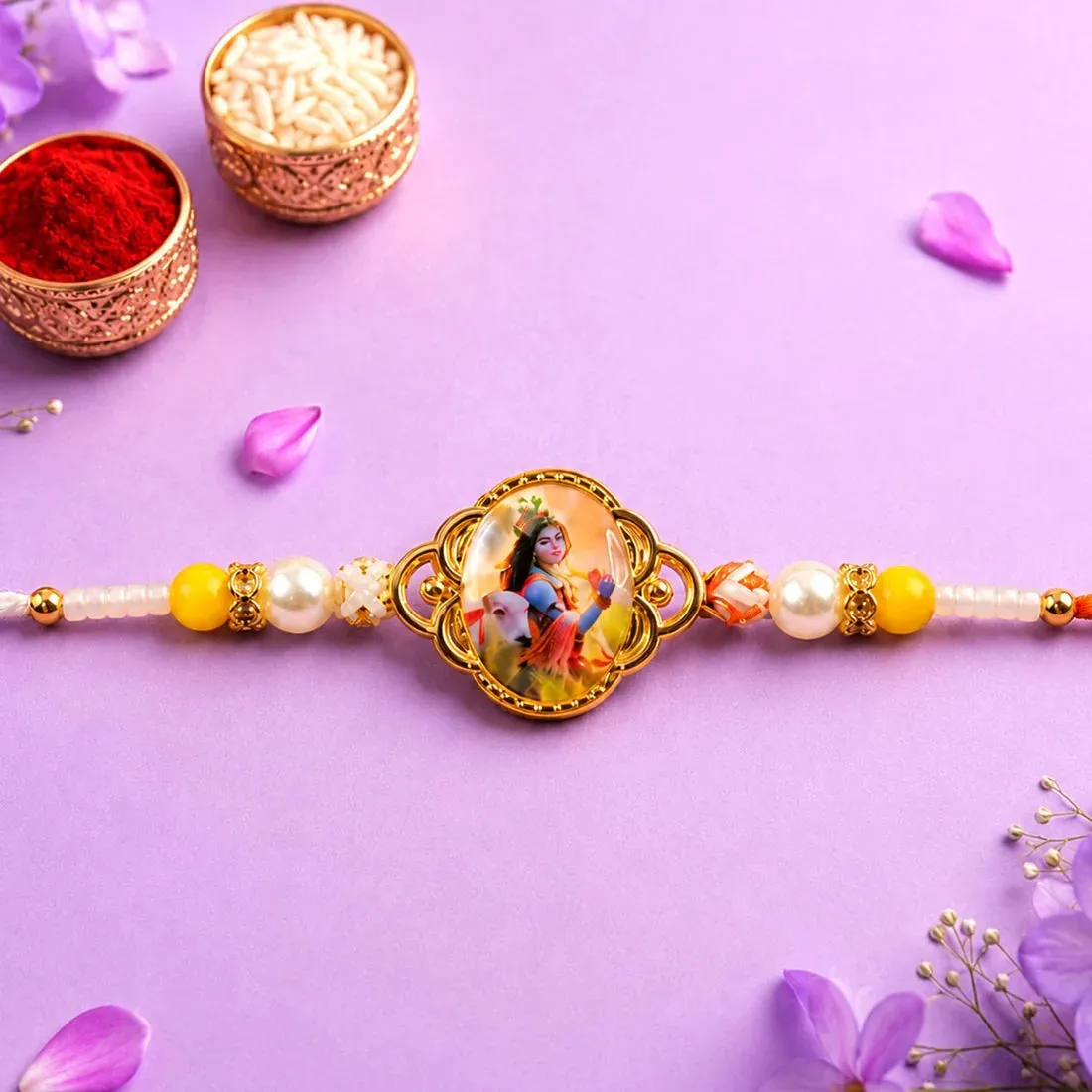 Geometric Ring, Lord Krishna Photo & Colorful Flower Rakhi for Brother (3 Pc Set) - Detailed Feature View 2