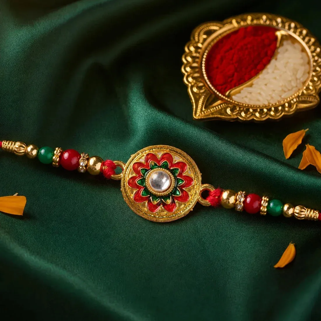 Geometric Ring, Lord Krishna Photo & Colorful Flower Rakhi for Brother (3 Pc Set) - Detailed Feature View 3