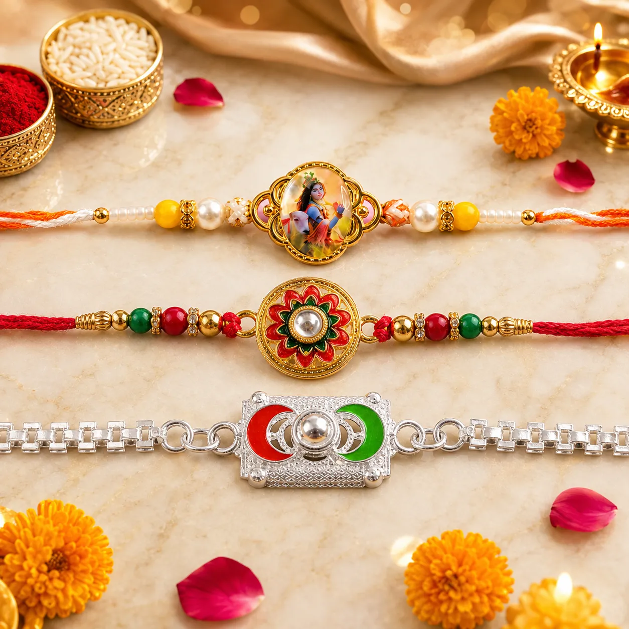 Premium Geometric Ring, Lord Krishna Photo & Colorful Flower Rakhi for Brother (3 Pc Set) - Buy Online at Alikart