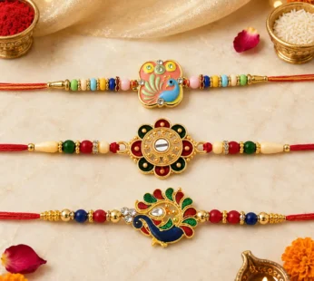 Traditional Peacock, Classic Indian & Colorful Beads Rakhi for Brother (3 Pc Set)