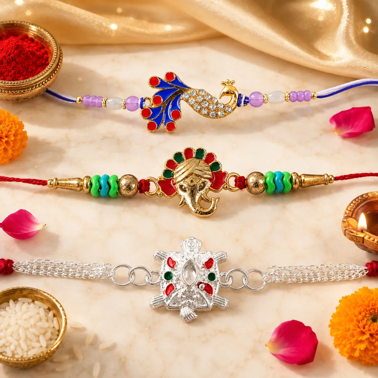 Premium Mor Motif Meenakari, Ganesha Kundan & Silver Turtle Rakhi for Brother (3 Pc Set) - Buy Online at Alikart