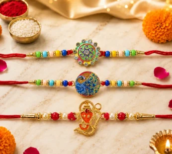 Premium Multicolor Beads, Ganesha & Peacock Design Rakhi for Brother (3 Pc Set)