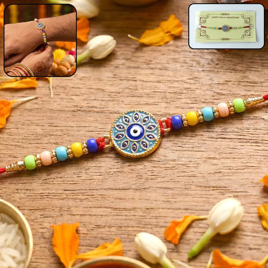 Evil Eye Mandala Round, Golden Flower & Sacred Om Ganesha Rakhi for Brother (3 Pc) - Detailed Feature View 2