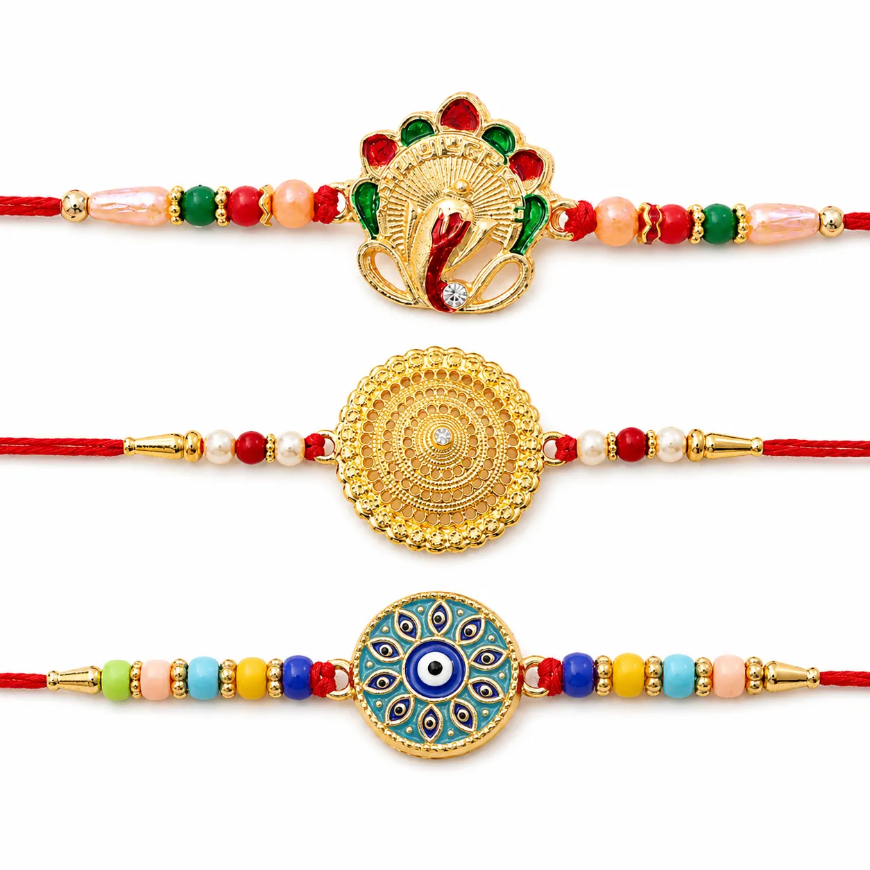Evil Eye Mandala Round, Golden Flower & Sacred Om Ganesha Rakhi for Brother (3 Pc) - Detailed Feature View 4