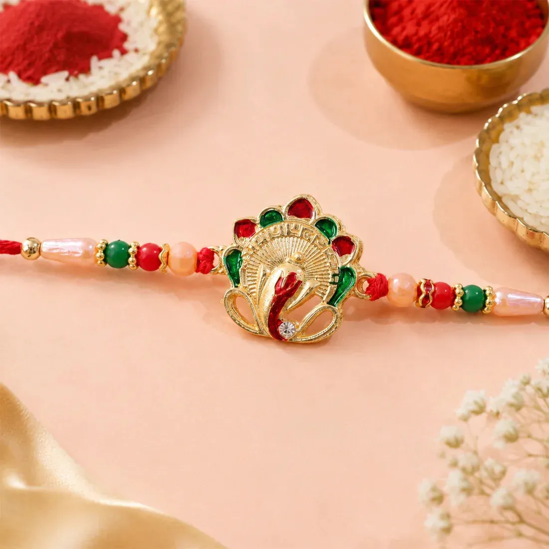 Evil Eye Mandala Round, Golden Flower & Sacred Om Ganesha Rakhi for Brother (3 Pc) - Detailed Feature View 3