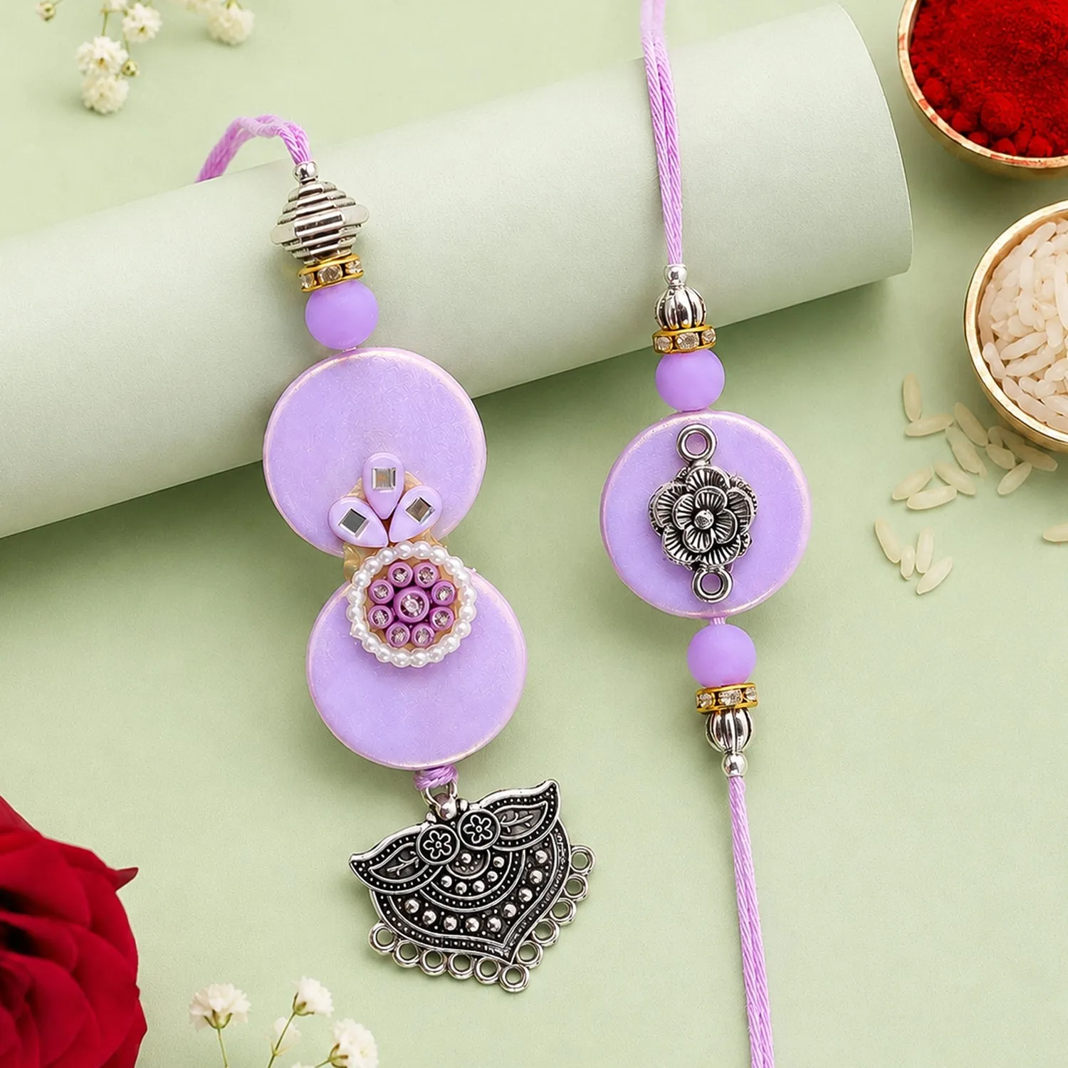 Premium Beautiful Floral Design Bhai Bhabhi Lumba Rakhi - Detailed Feature View 2