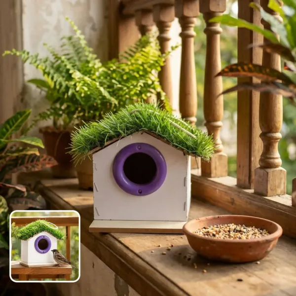 Wooden Birdhouse – Eco-friendly Grass Roof for Garden Use