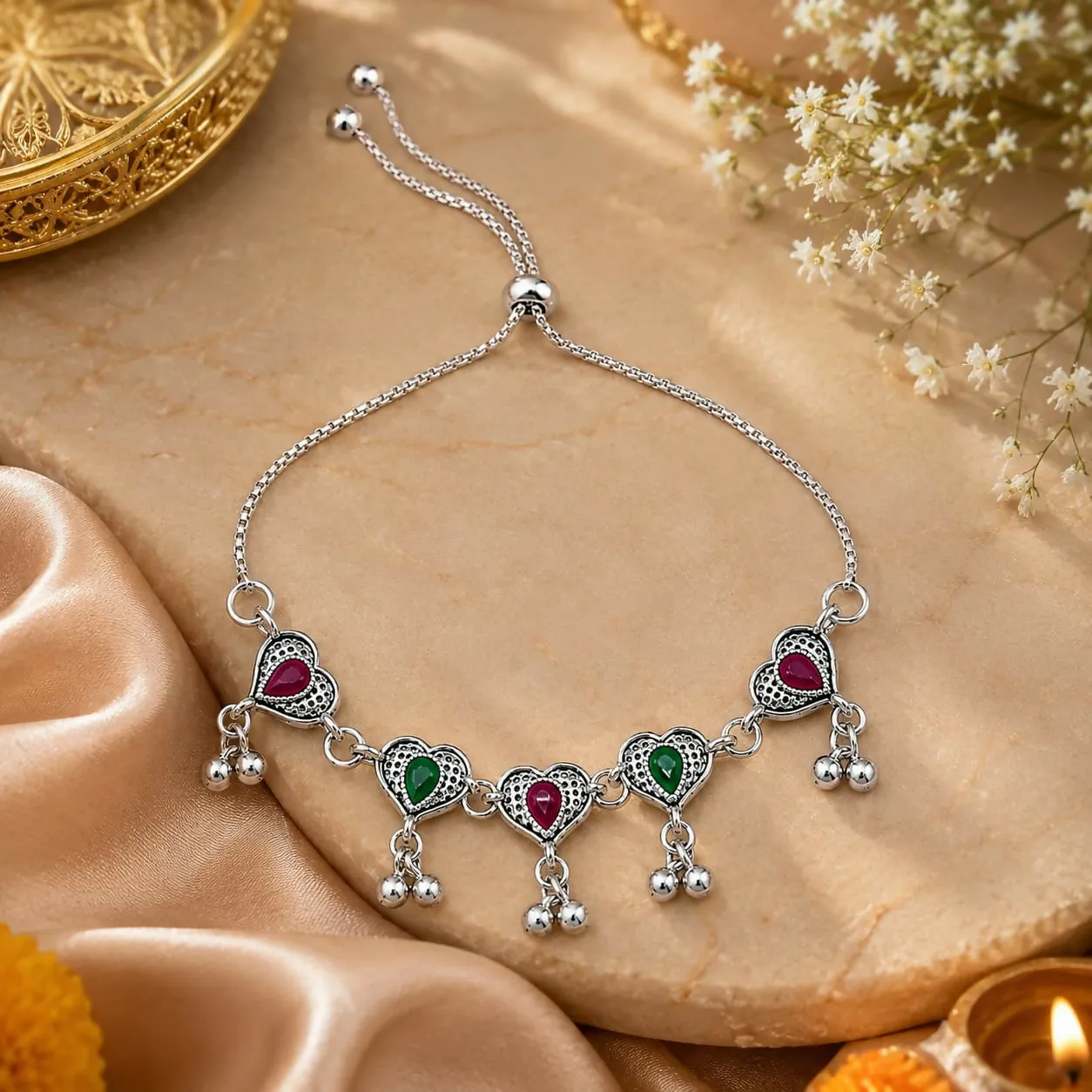 Premium Antique Silver Heart & Teardrop Gemstone Slider Bracelet with Dangling Ghungroo Beads - Buy Online at Alikart
