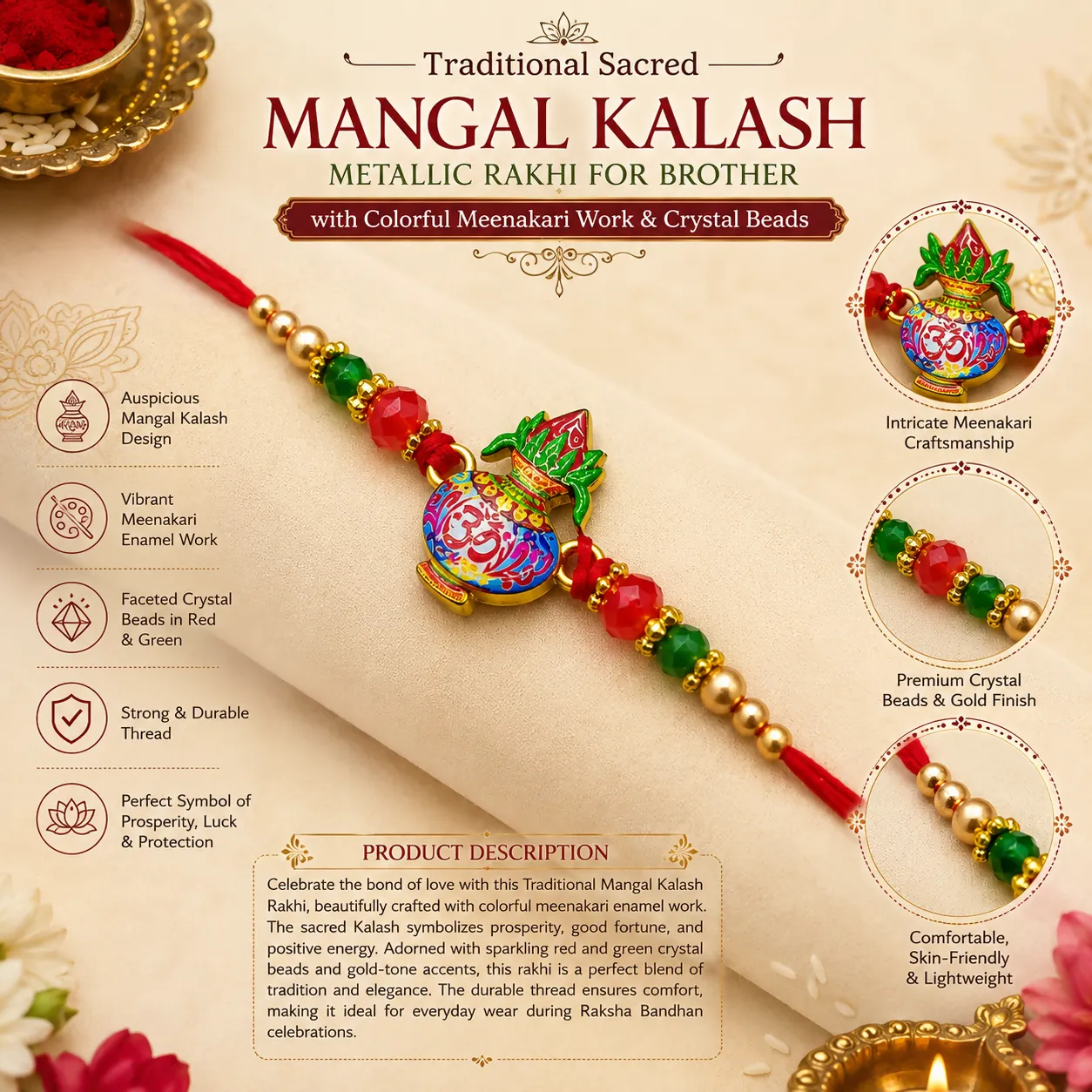 Spiritual Radha Krishna Metallic Rakhi for Brother with Peacock Feather Detail & Rhinestone Accents - Detailed Feature View 3