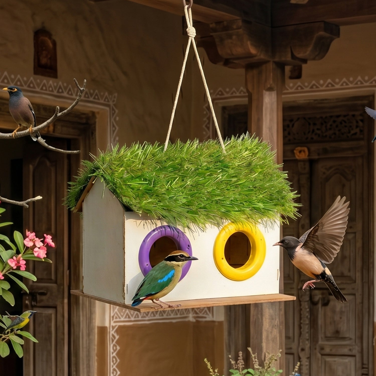 Wooden Bird House – Double-Compartment for Outdoor Garden - Detailed Feature View 1