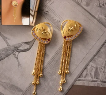 Gold Plated Shield Motif Dangle Earrings with Multi Chain Tassel Drop Design