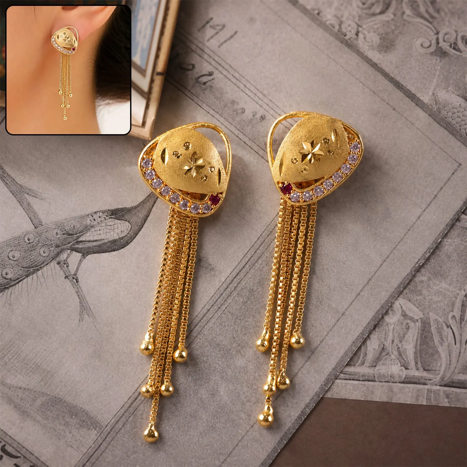 Premium Gold Plated Shield Motif Dangle Earrings with Multi Chain Tassel Drop Design - Buy Online at Alikart