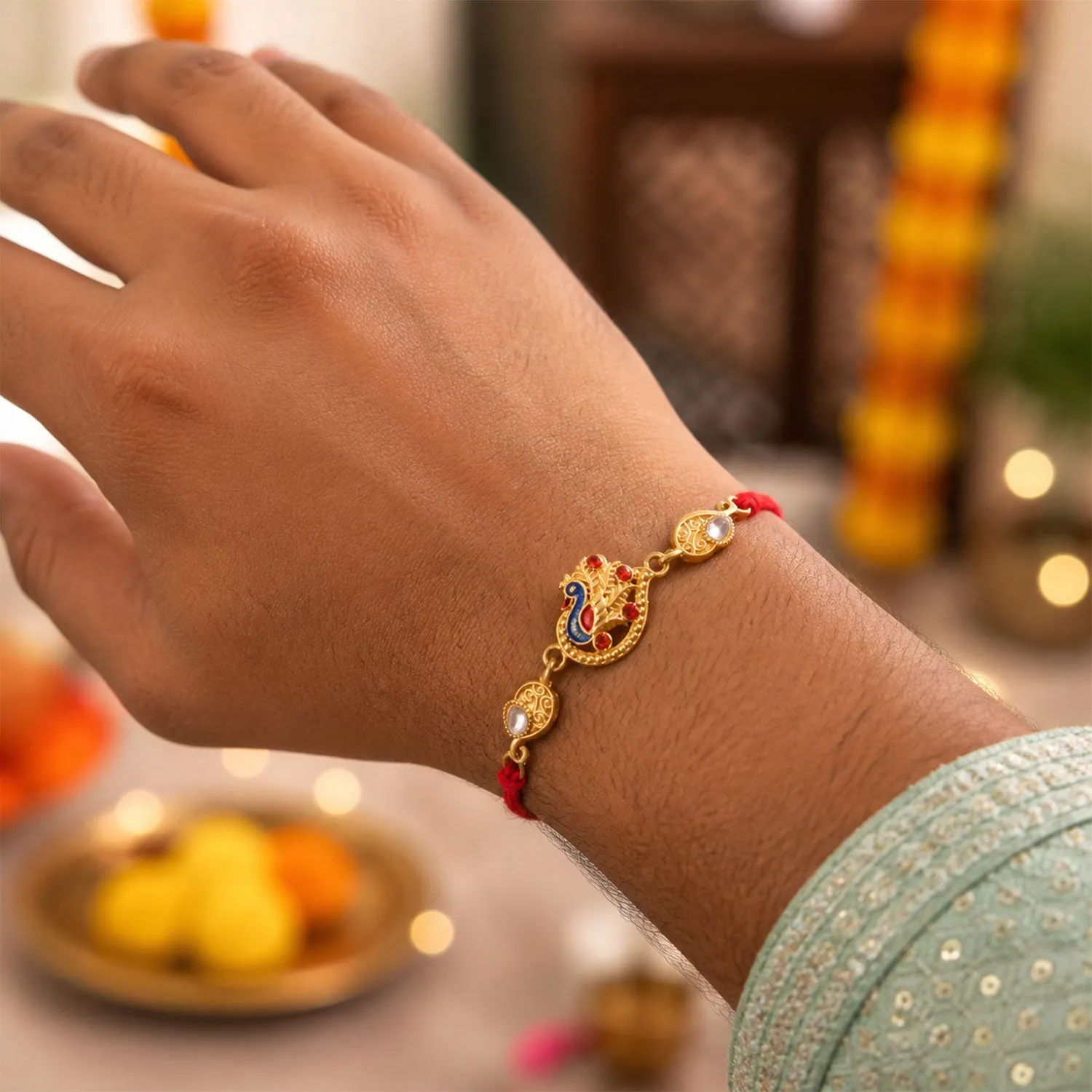 Festive Rakhi featuring Peacock Charm, pink accents and wrist style for Gift Styling - Detailed Feature View 2