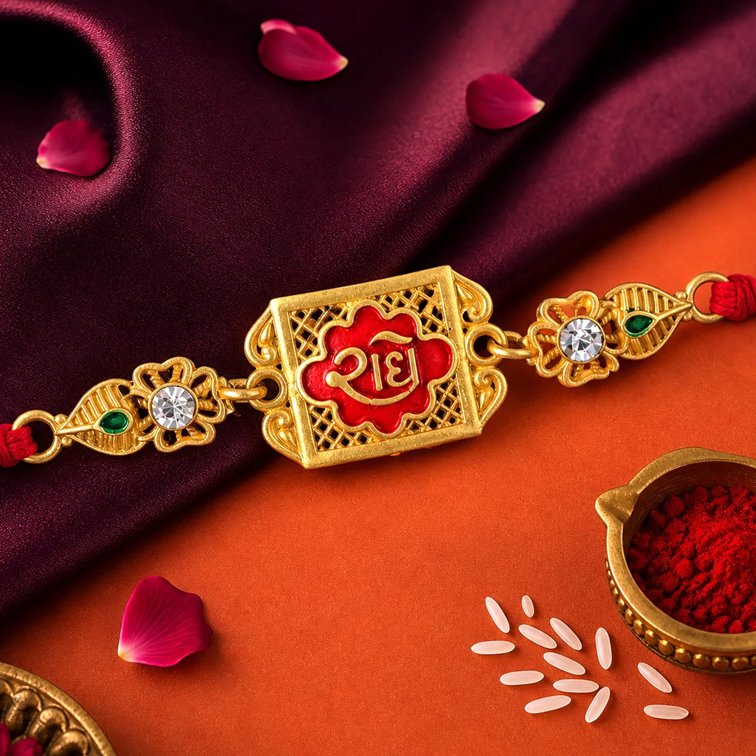 Premium Gold-Toned Radhe with Red Enamel, Crystal Accents & Designer Red Thread - Buy Online at Alikart