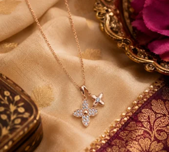 Rose Gold Polish Double Four-Petal Floral Charm Necklace | Imitation CZ Crystal Pendant Chain