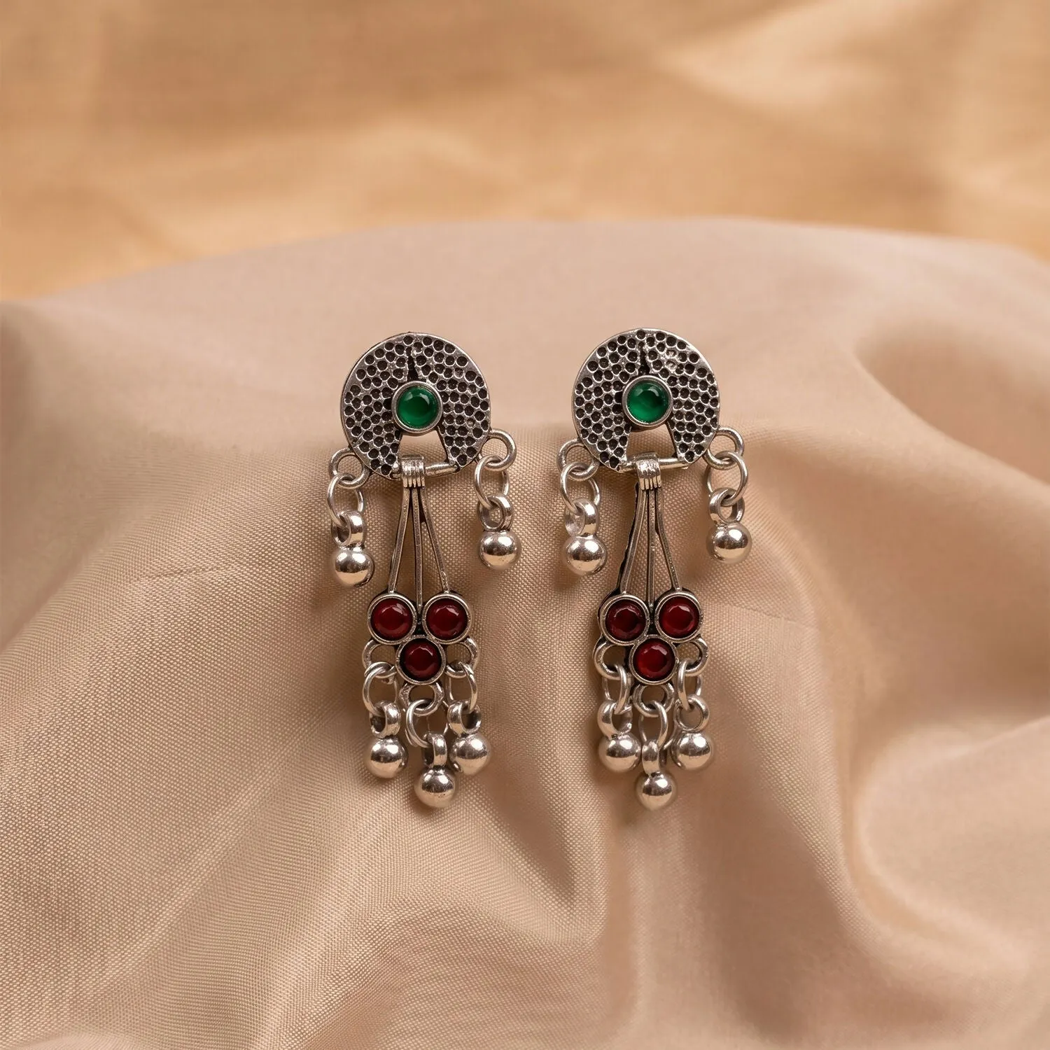 Oxidised Silver Long Drop Earrings with Green and Red Stones Ghungroo for Women Girls - Detailed Feature View 5
