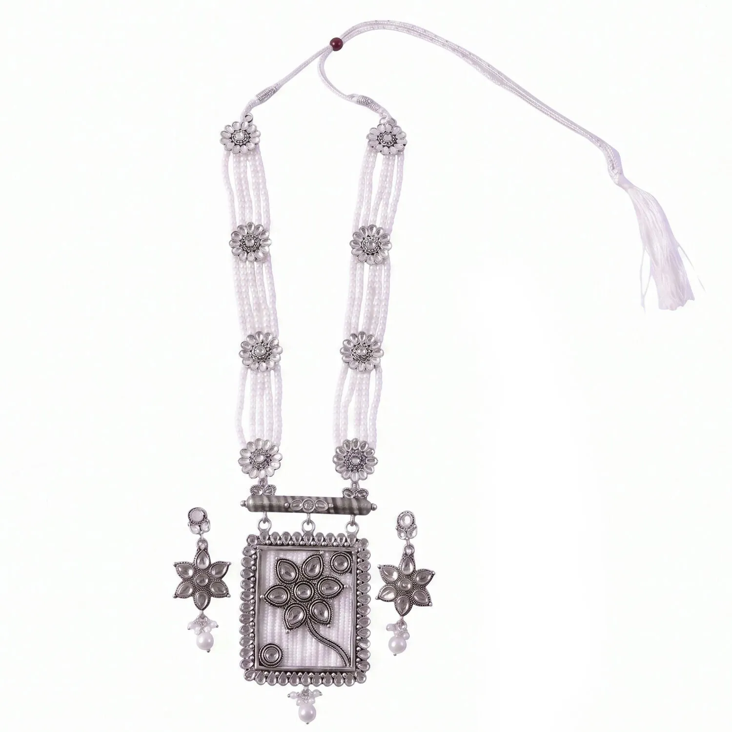 Silver & Pearl Necklace Set – Elegant Floral Pendant & Earrings - Detailed Feature View 5