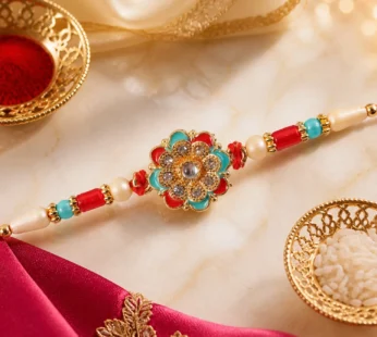 Festive Rakhi with Floral Rosette and crystal accents in bead line for Raksha Bandhan