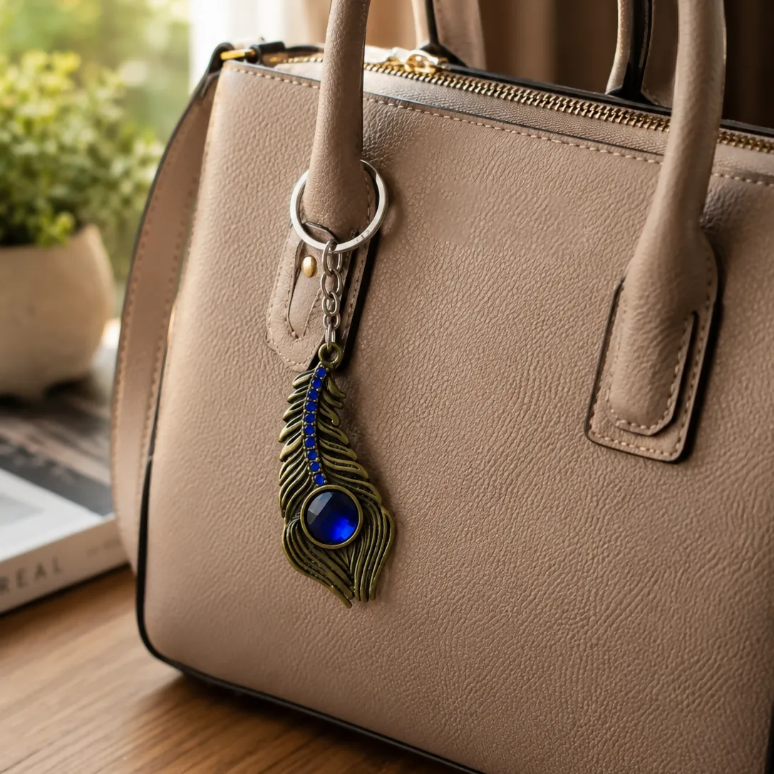 Blue Stone Peacock Feather Keychain with Silver Tone Decorative Design - Detailed Feature View 6