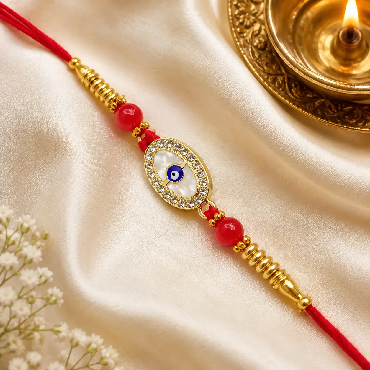 Premium Protective Evil Eye Oval Designer Rakhi for Brother Golden Stonework & Pearl Finish Charm with Red Beads - Buy Online at Alikart