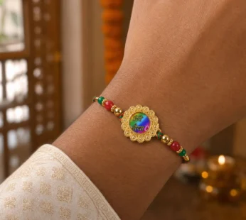Bold Rakhi featuring Rainbow Devanagari Plaque, bead line and gift style for Gift Use