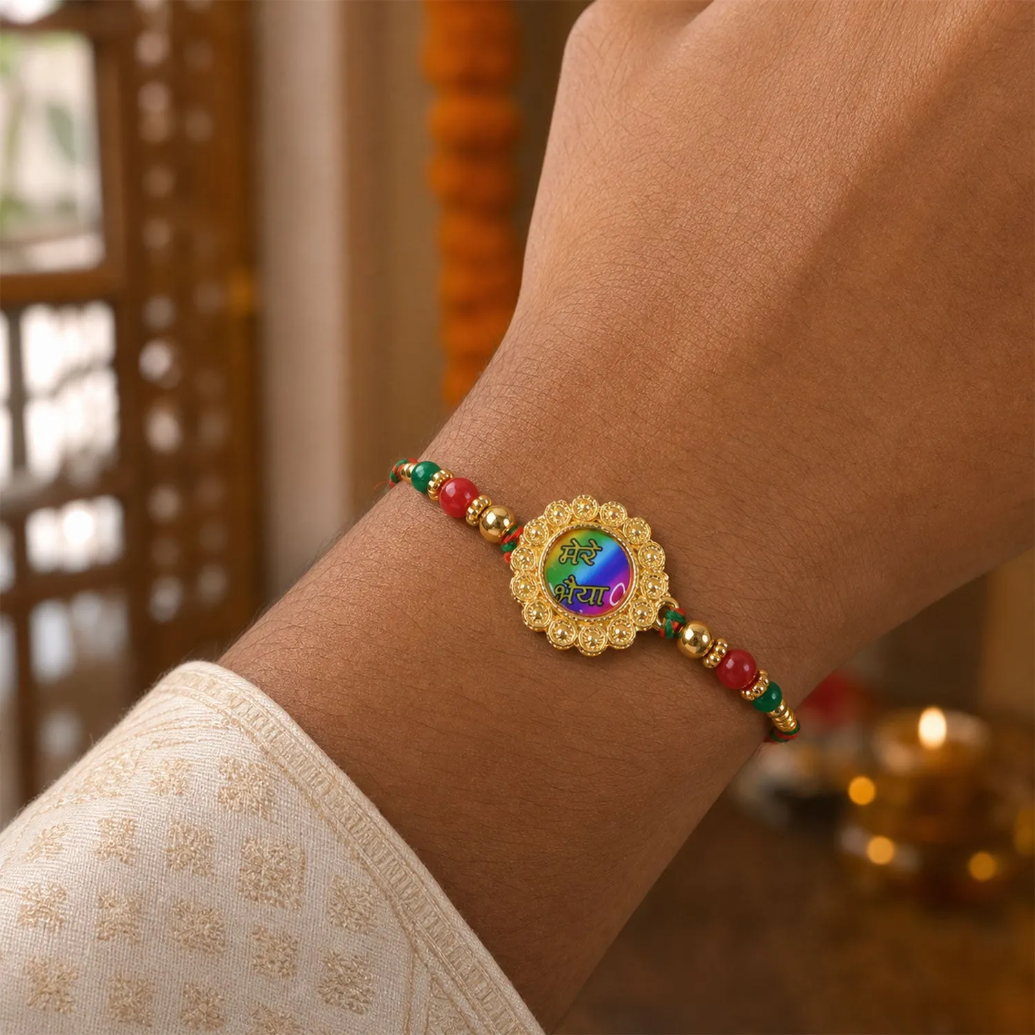 Premium Bold Rakhi featuring Rainbow Devanagari Plaque, bead line and gift style for Gift Use - Buy Online at Alikart