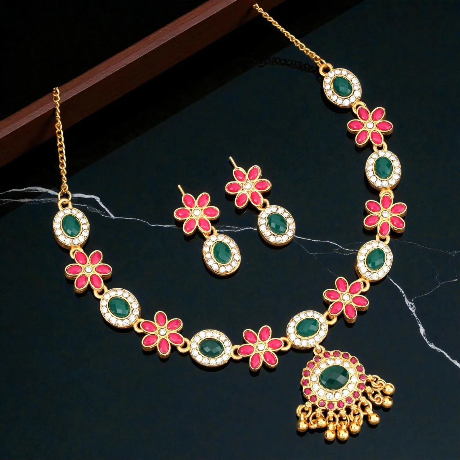 Lotus Choker Set – Gold-Toned Green-Pink Enamel Necklace - Detailed Feature View 2