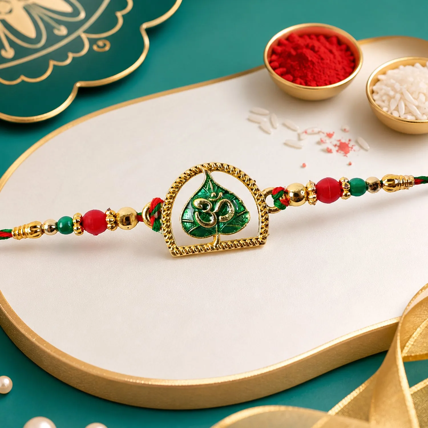 Premium Divine Rakhi with Om Arch Plaque, leaf detail and display look for Festive Display - Buy Online at Alikart