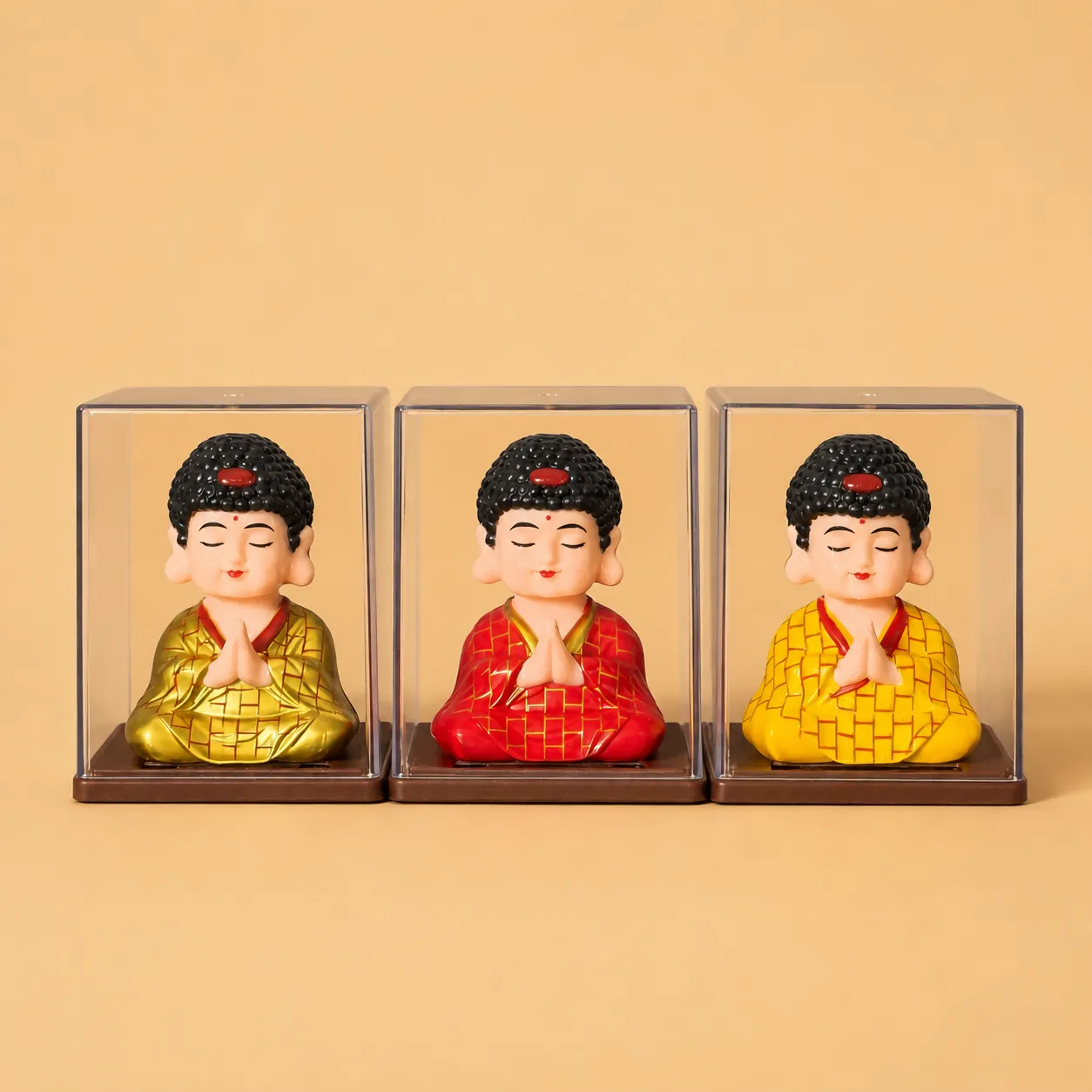 Solar Bobble Head Buddha Idol in Display Case for Car Dashboard & Home Decor (Color may vary 1 PC) - Detailed Feature View 3