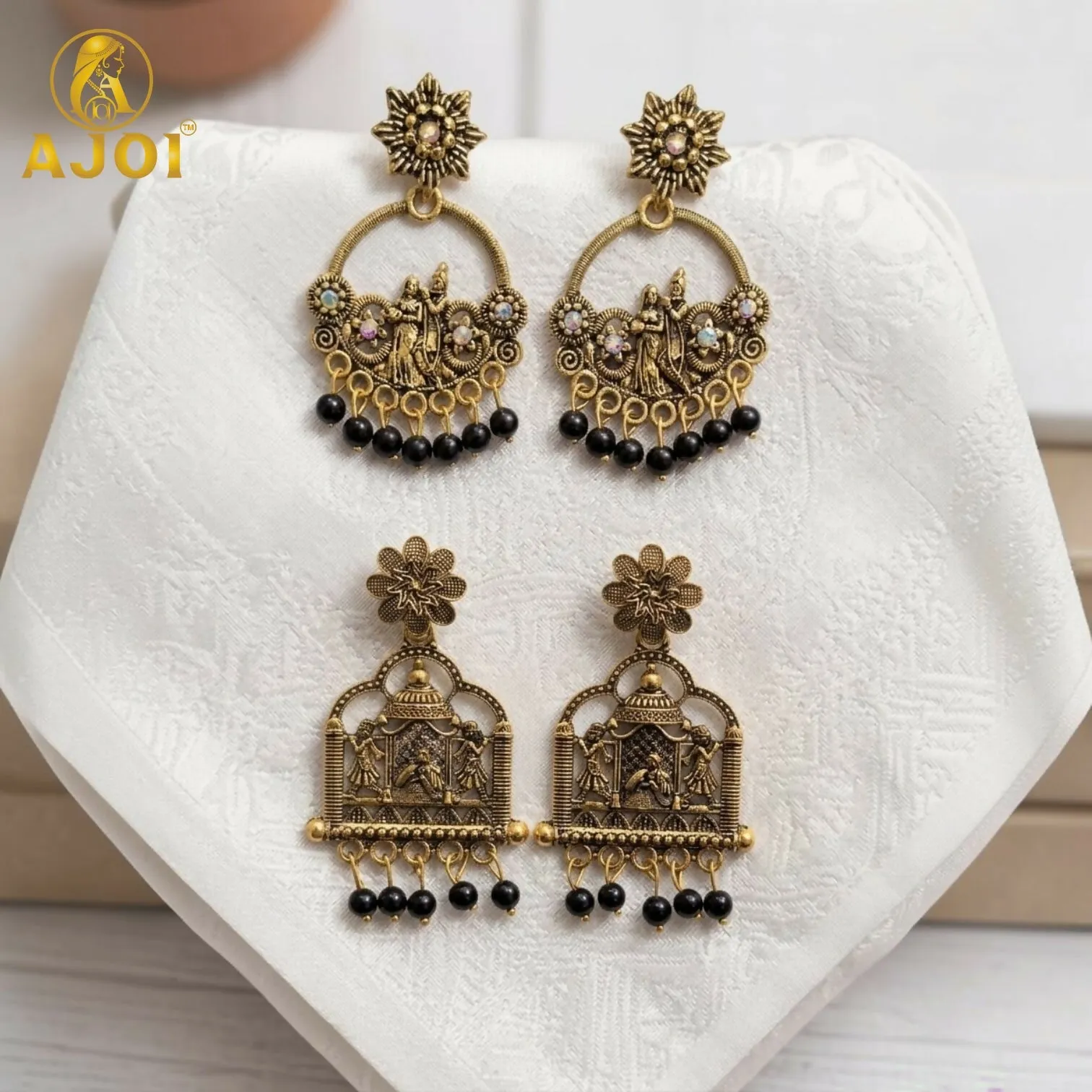 Premium Antique Temple Radha Krishna Earrings – Elegant Black Beads for Festive Wear - Buy Online at Alikart
