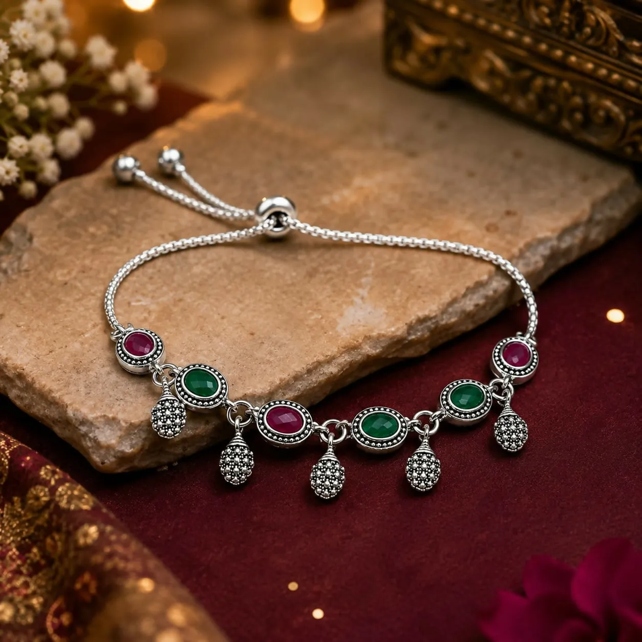 Premium Vintage-Inspired Oxidized Silver Bolo Bracelet with Alternate Maroon and Green Stone Connectors and Textured Pineapple Dangles - Buy Online at Alikart