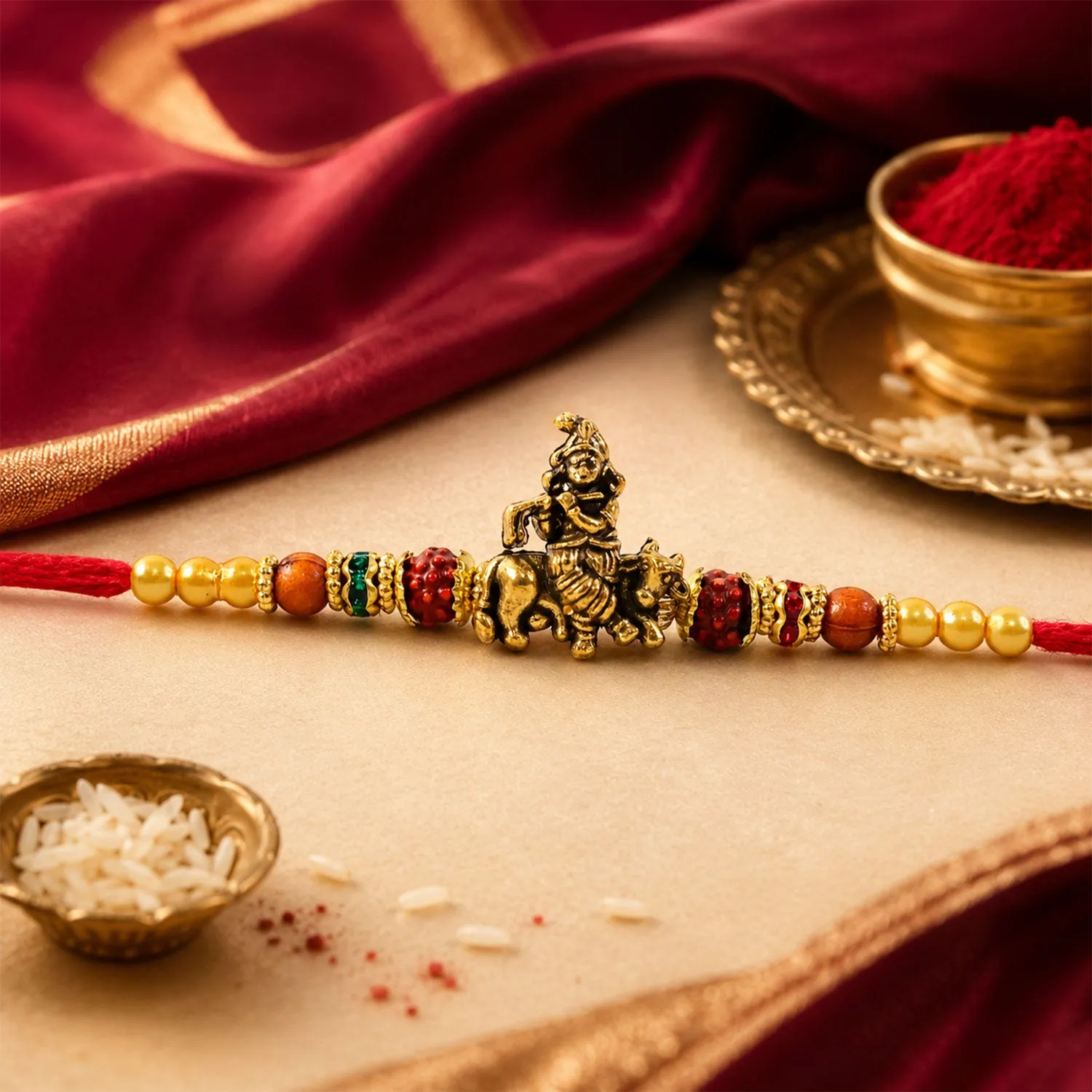 Bal Krishna Rakhi – Golden Idol Centre & Pearl Accents - Detailed Feature View 3