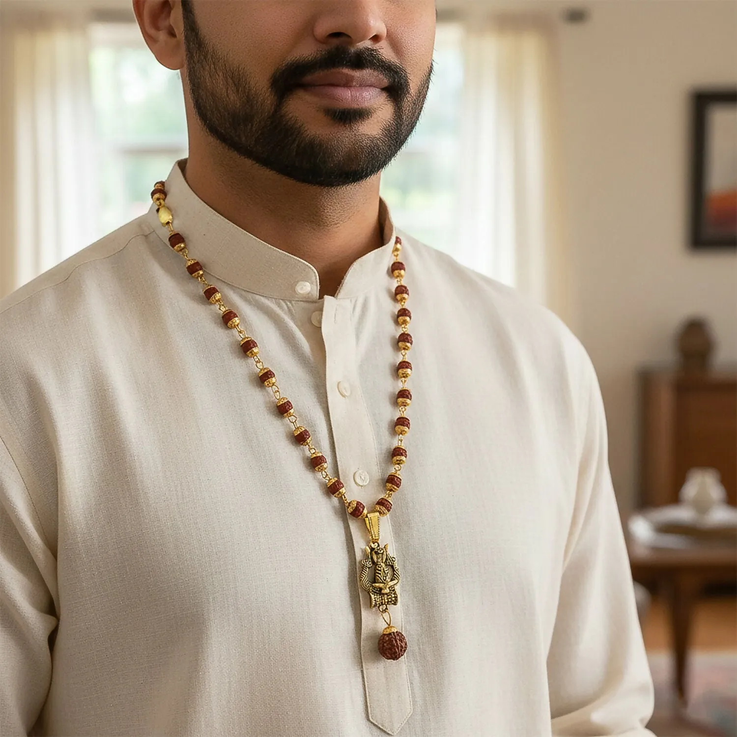 Gold Pendant Rudraksha Mala – Spiritual Trishul Shivling Necklace - Detailed Feature View 3