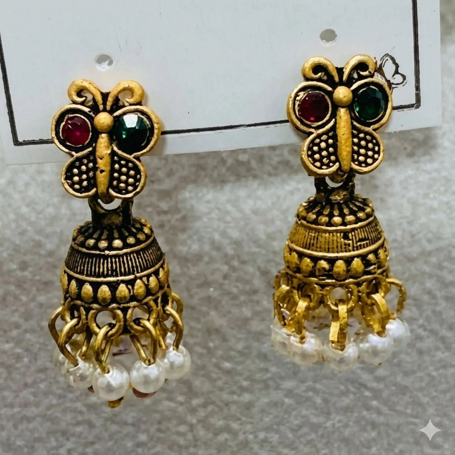Traditional Gold Plated Butterfly Ruby Green Stone Jhumka Earrings - Detailed Feature View 3